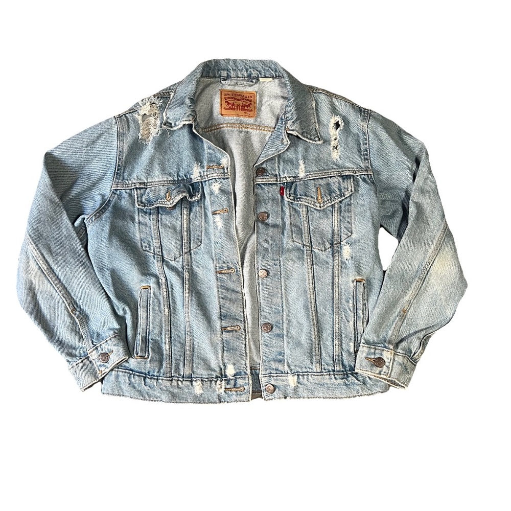 Levis Jacket Women Denim rips Blue Jean Coat Faded Light Wash size Lg